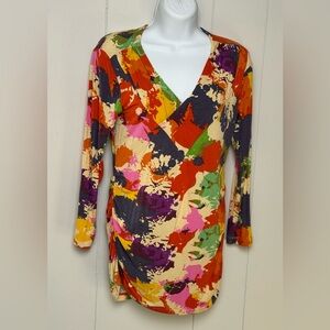 CAbi Womens Rayon Blend Floral V-Neck Long Sleeve Top Multicolor Casual Top Sz M